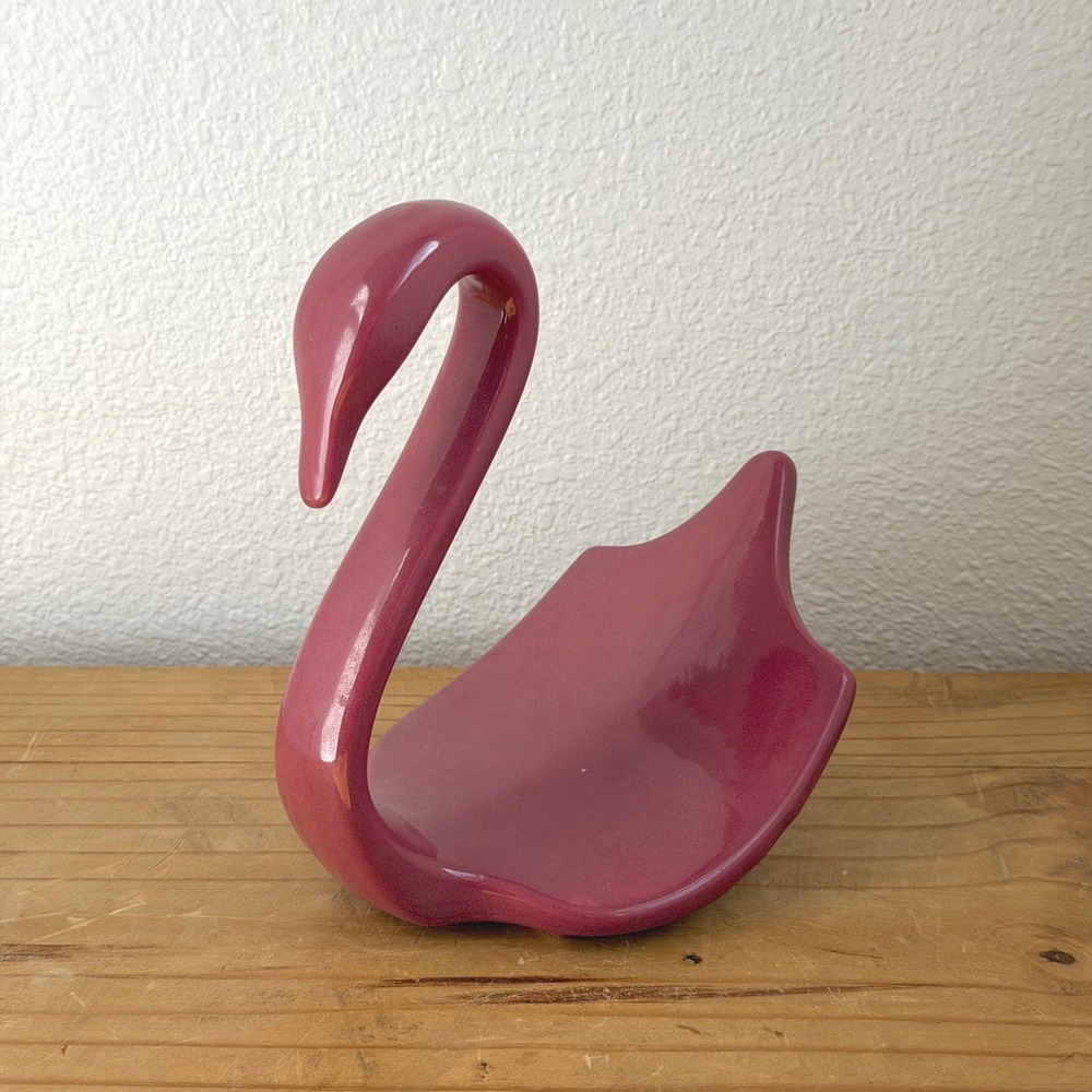 Pink Ceramic Swan Figurine Vintage 80s Glossy Glaze Mauve Rose Bird Sculpture